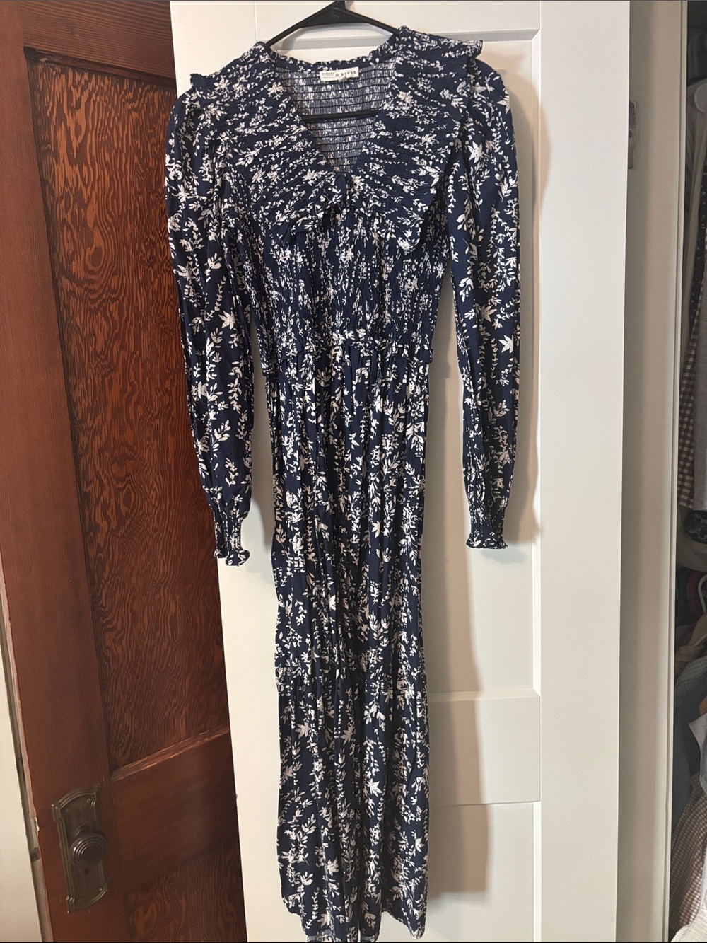 Moon River Navy and White Floral Long Sleeve Maxi Dress